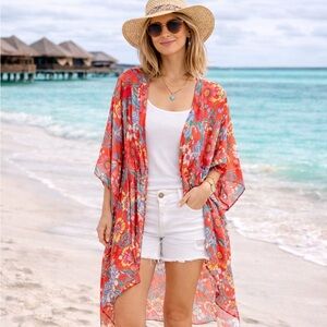 Umgee Floral Kimono Jacket - Red and Blue